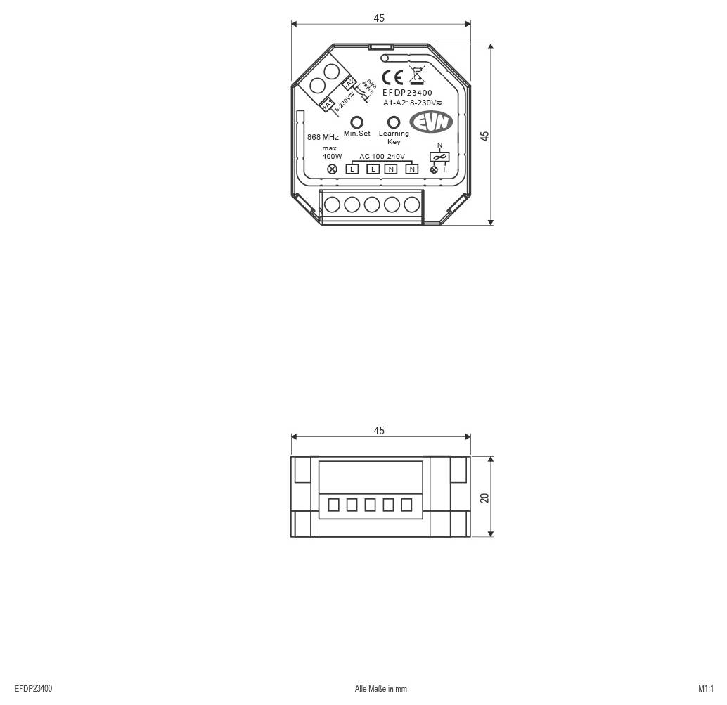 Technische Zeichnung eines EVN EFDP23400-Geräts, das Vorder- und Seitenansichten mit Abmessungen von 45 mm x 45 mm x 20 mm und gekennzeichneten Anschlüssen zeigt.