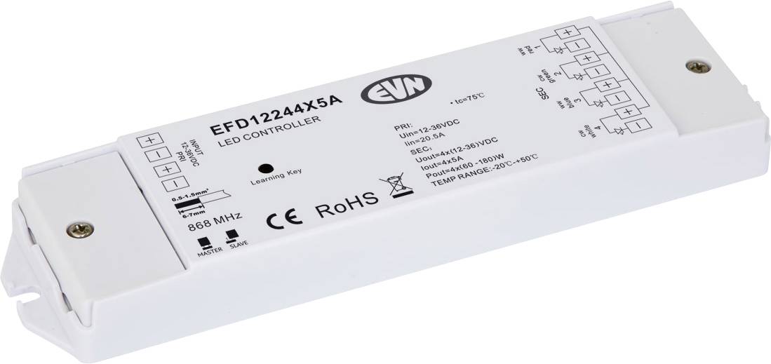 Modul für White-LED-Controller mit der Bezeichnung 'EFD12244X5A' mit Schaltplan, Statusanzeige und CE/RoHS-Markierungen.