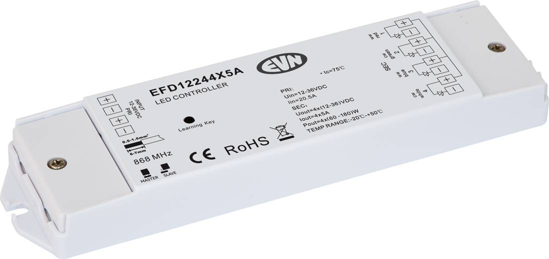Weißes LED-Controller-Modul mit der Bezeichnung „EFD12244X5A" mit Anschlussschaltplan und CE-/RoHS-Kennzeichnung, gezeigt in einem weißen Gehäuse.