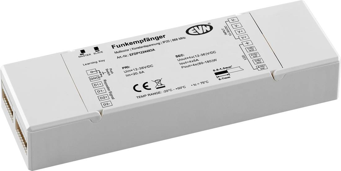 Weißes rechteckiges EVN Funkempfänger-Empfängermodul mit aufgedruckten Spezifikationen, Anschlussklemmen und CE-Kennzeichnung auf der Oberseite.