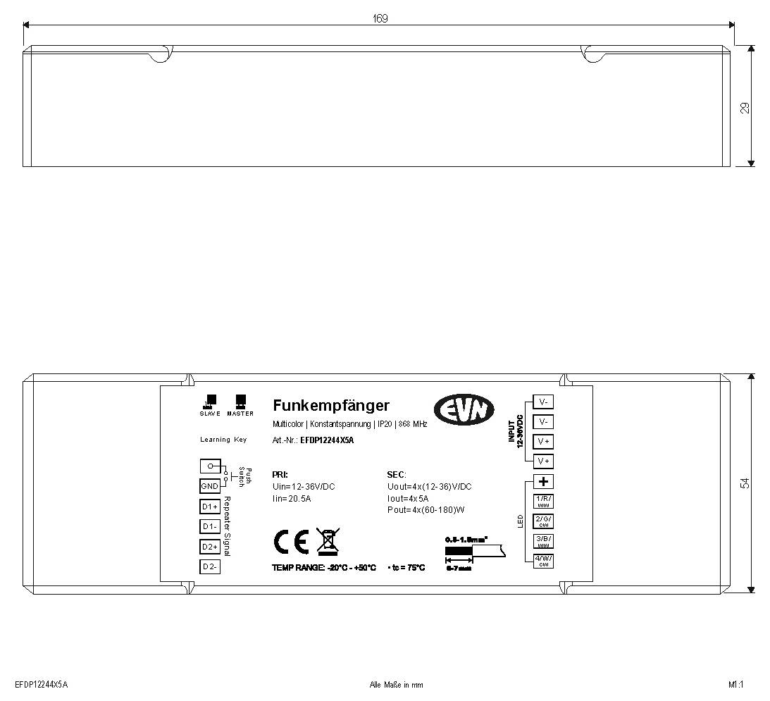 Technische Zeichnung eines rechteckigen Funkempfängermoduls mit Abmessungen und beschrifteten Anschllussklemmen, dargestellt in Front- und Seitenansicht.