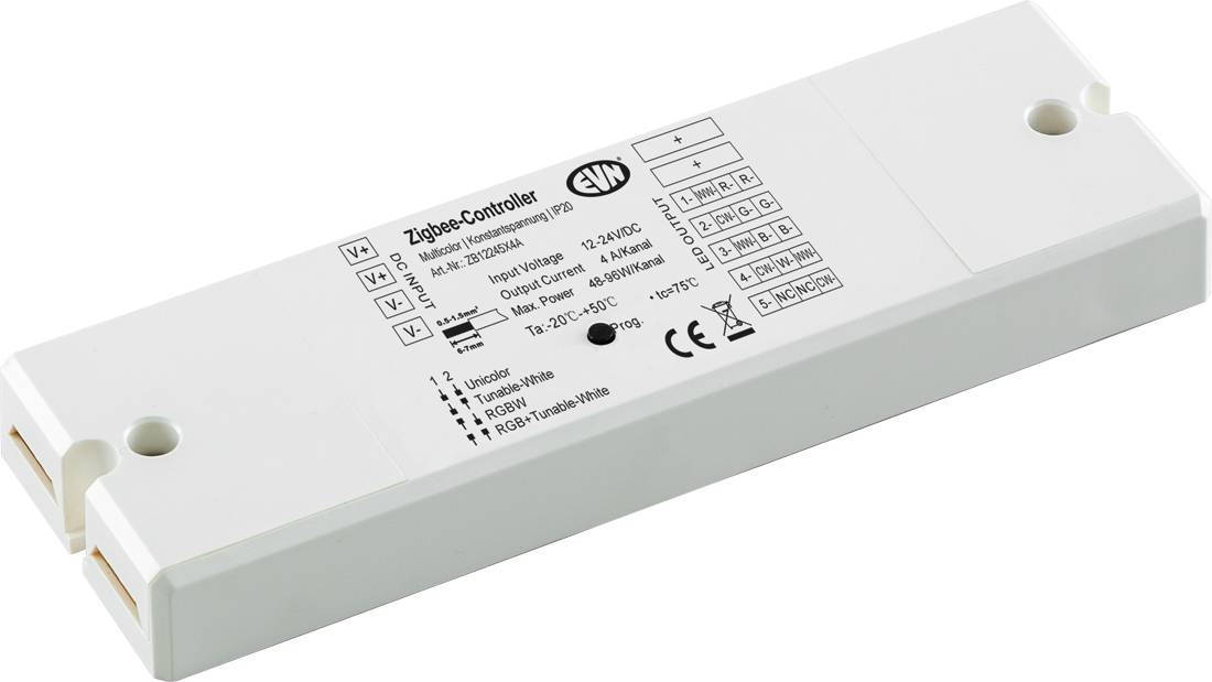 Weißes Zigbee-Controllermodul mit gedrucktem Schaltplan und Spezifikationen auf dem Gehäuse.