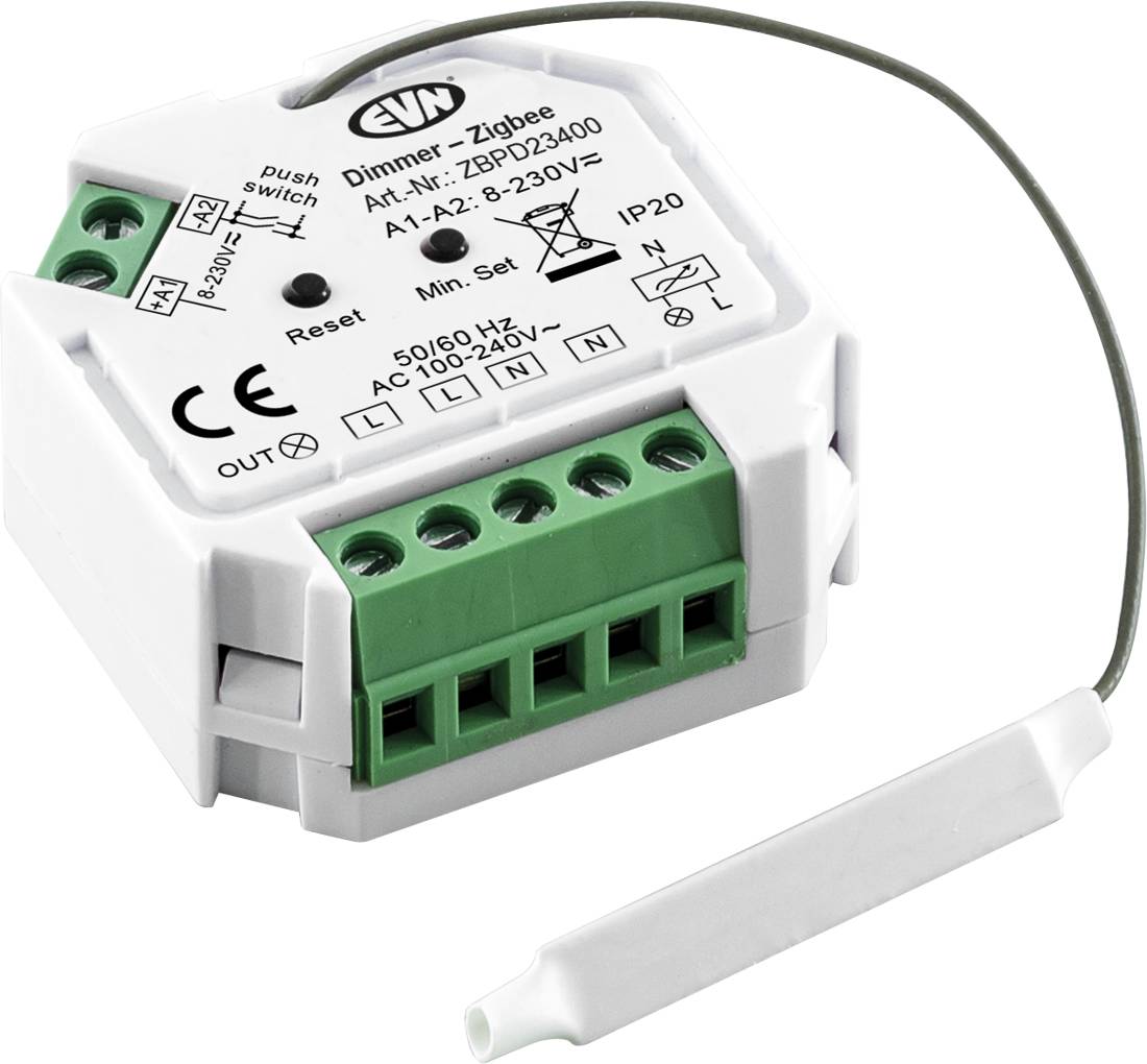 Zigbee-Dimmermodul mit grünen Schraubklemmen und einem verdrahteten weißen Druckschalter auf weißem Hintergrund.