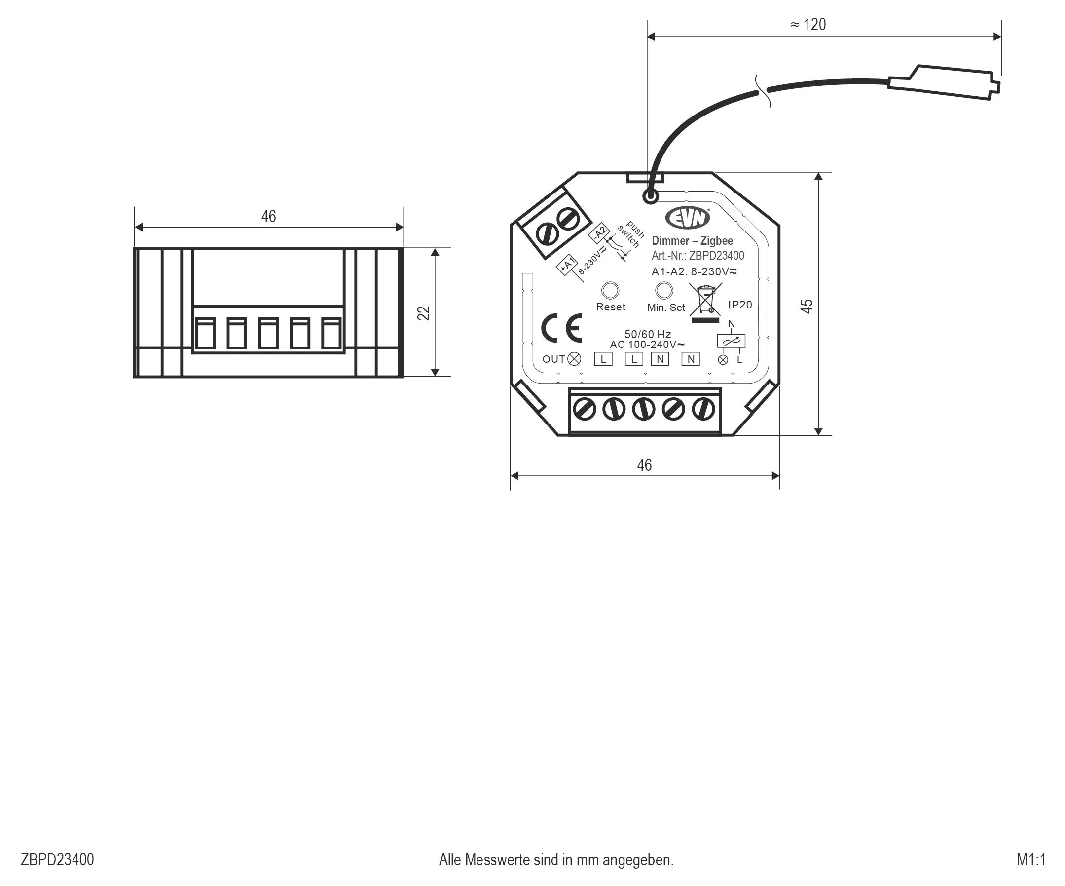 Technische Zeichnung eines kompakten EVN Dimm/Zigbee-Moduls mit Vorder- und Seitenansichten mit Abmessungen und Anschllussklemmen, beschriftet in Millimetern.