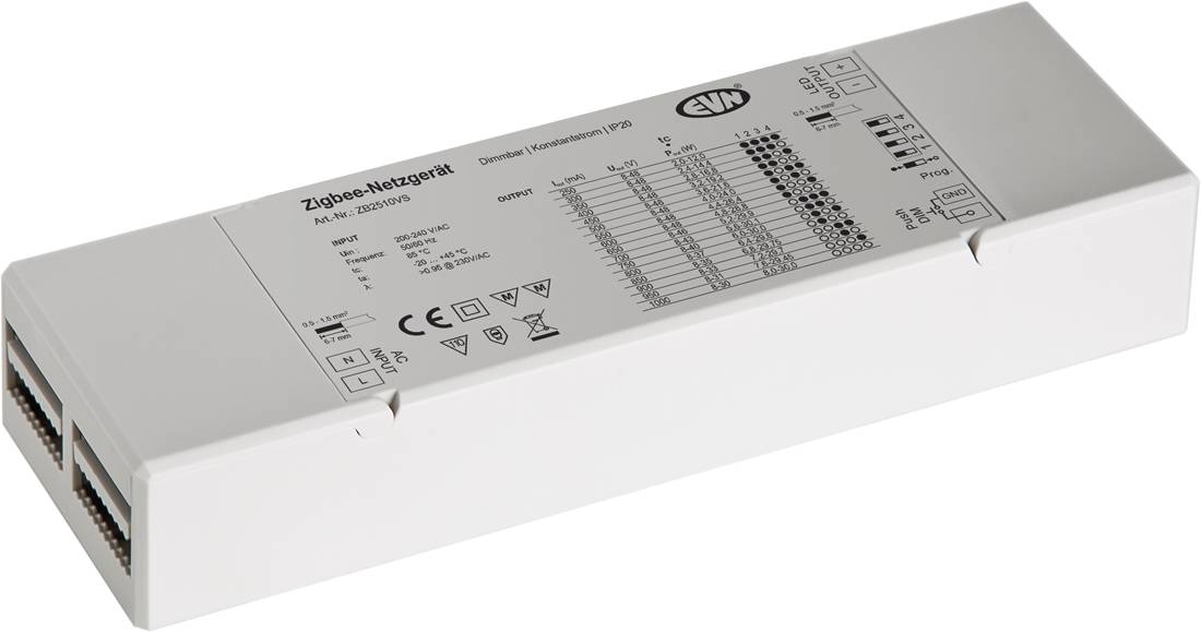 Weißes rechteckiges elektronisches Modul mit der Bezeichnung „Zigbee-Netzgerät