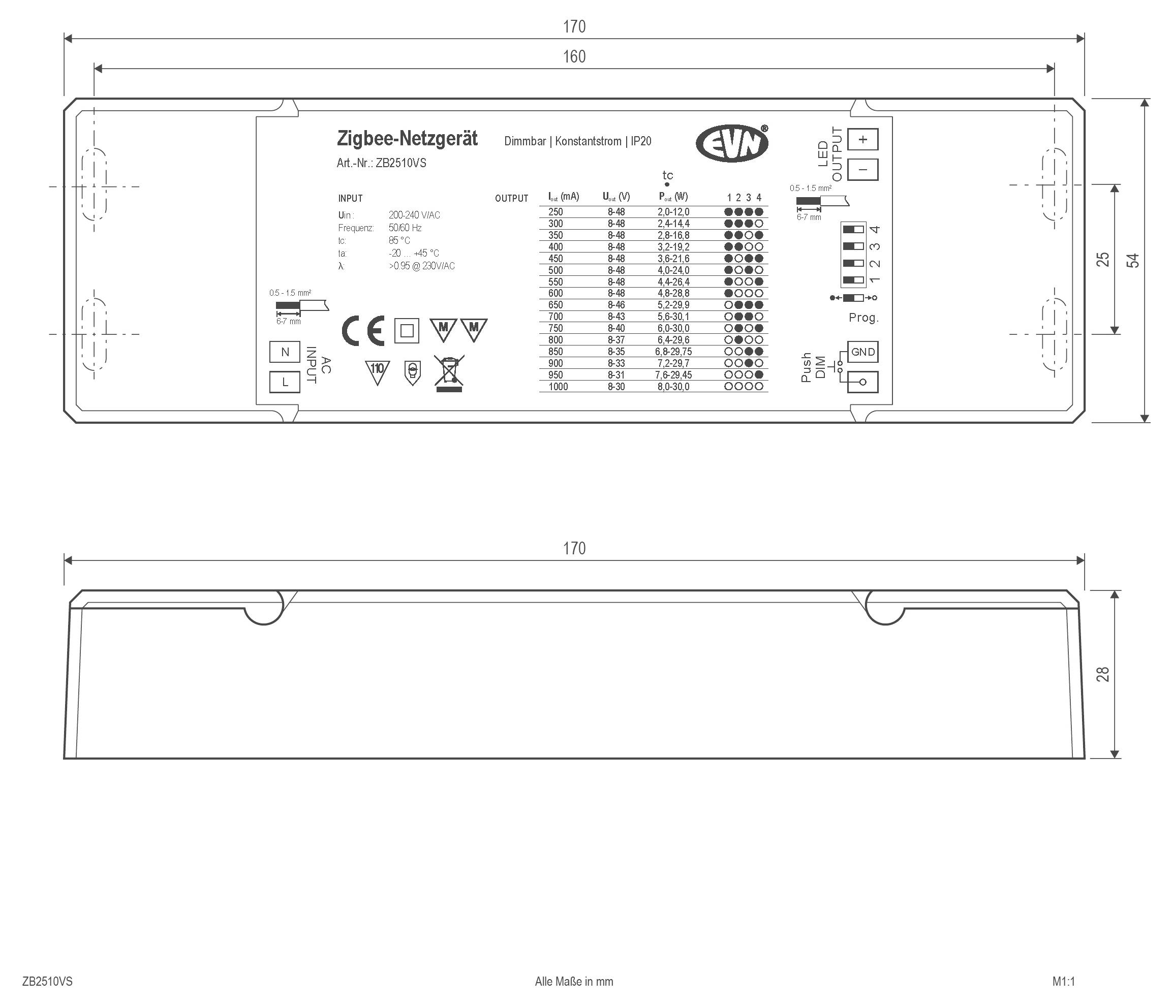 Technische Zeichnung eines rechteckigen Zigbee-Netzwerkgeräts mit Vorder- und Seitenansichten mit Abmessungen von 170 mm mal 28 mm und gekennzeichneten Steuerungs-/Verbindungspunkten.