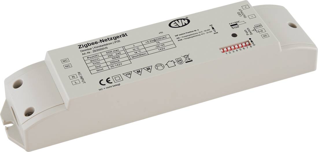 Weißes Zigbee-Netzwerkgeräte-Modul mit gedrucktem Etikett, Statussymbolen und roten DIP-Schaltern auf weißem Hintergrund.