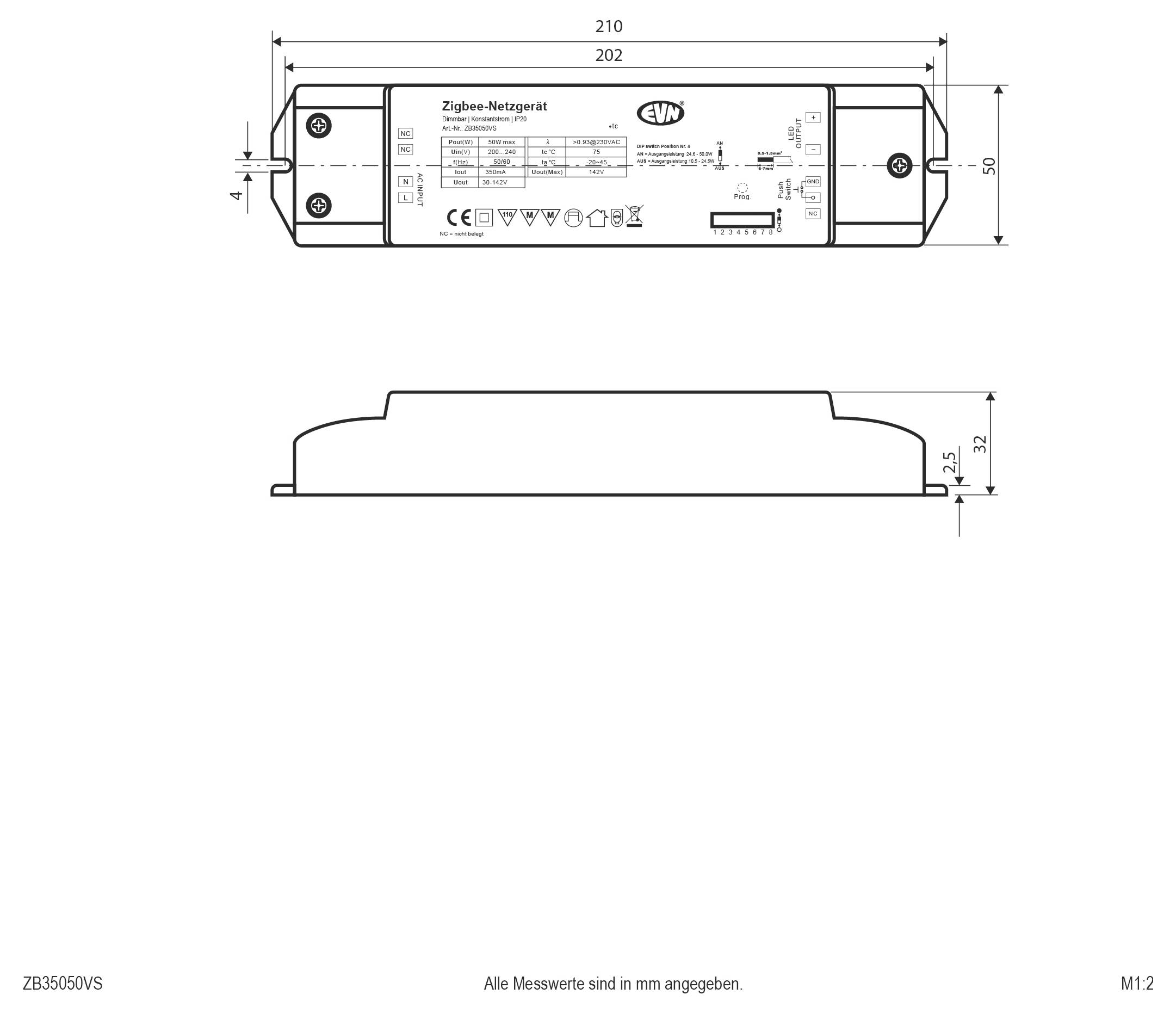 Technische Zeichnung eines Zigbee-Netzwerkgeräts mit Draufsicht und Seitenansicht mit Abmessungen: 210 mm lang, 50 mm breit, 32 mm hoch.