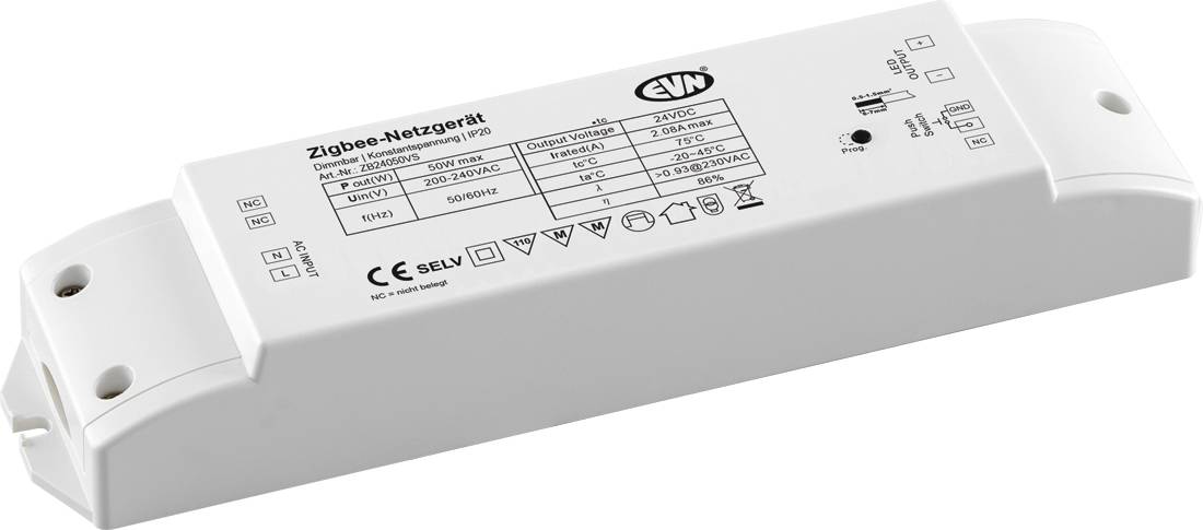Weißes Zigbee-Netzwerkgeräte-Modul mit Schraubhalterungen und gedrucktem technischem Etikett, isoliert auf einfachem Hintergrund dargestellt.