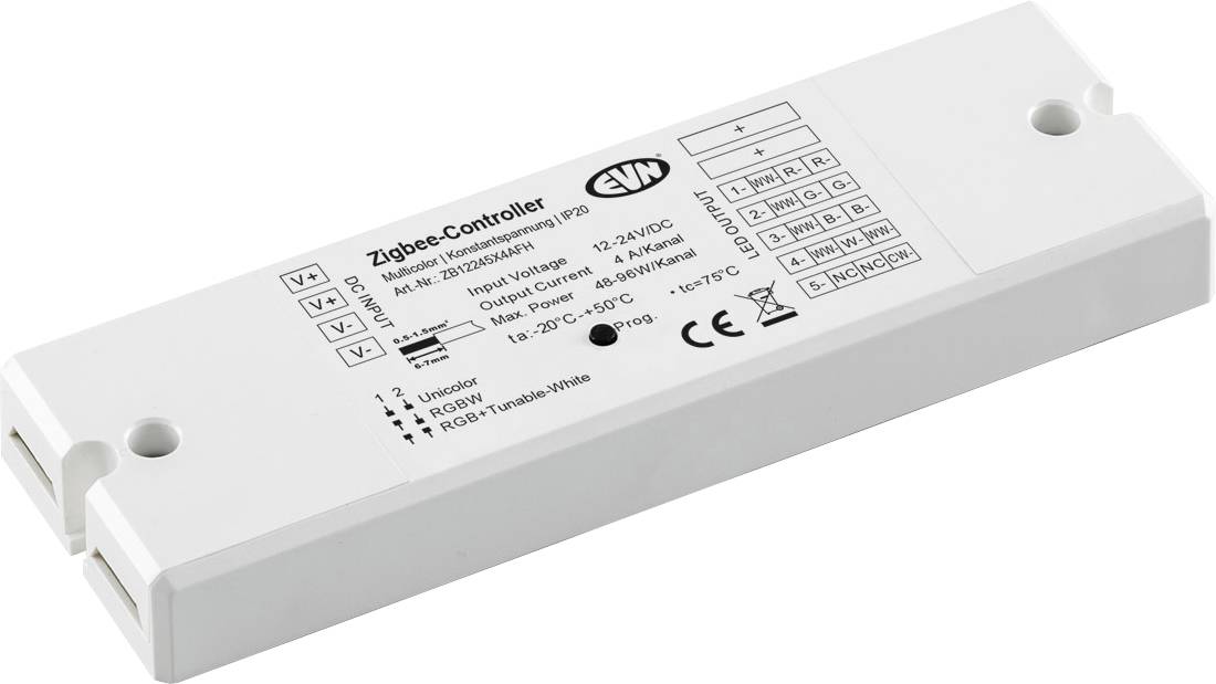 Weißes Zigbee-Controllermodul mit gedrucktem Schaltplan und technischen Spezifikationen auf seinem Etikett.