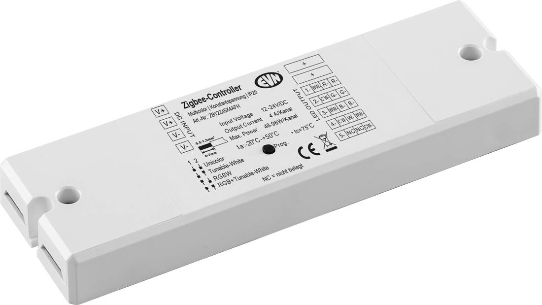 Weißes Zigbee-LED-Controller-Modul mit gedruckter Verdrahtung und technischen Beschriftungen oben, dargestellt in einem Produktfoto auf weißem Hintergrund.