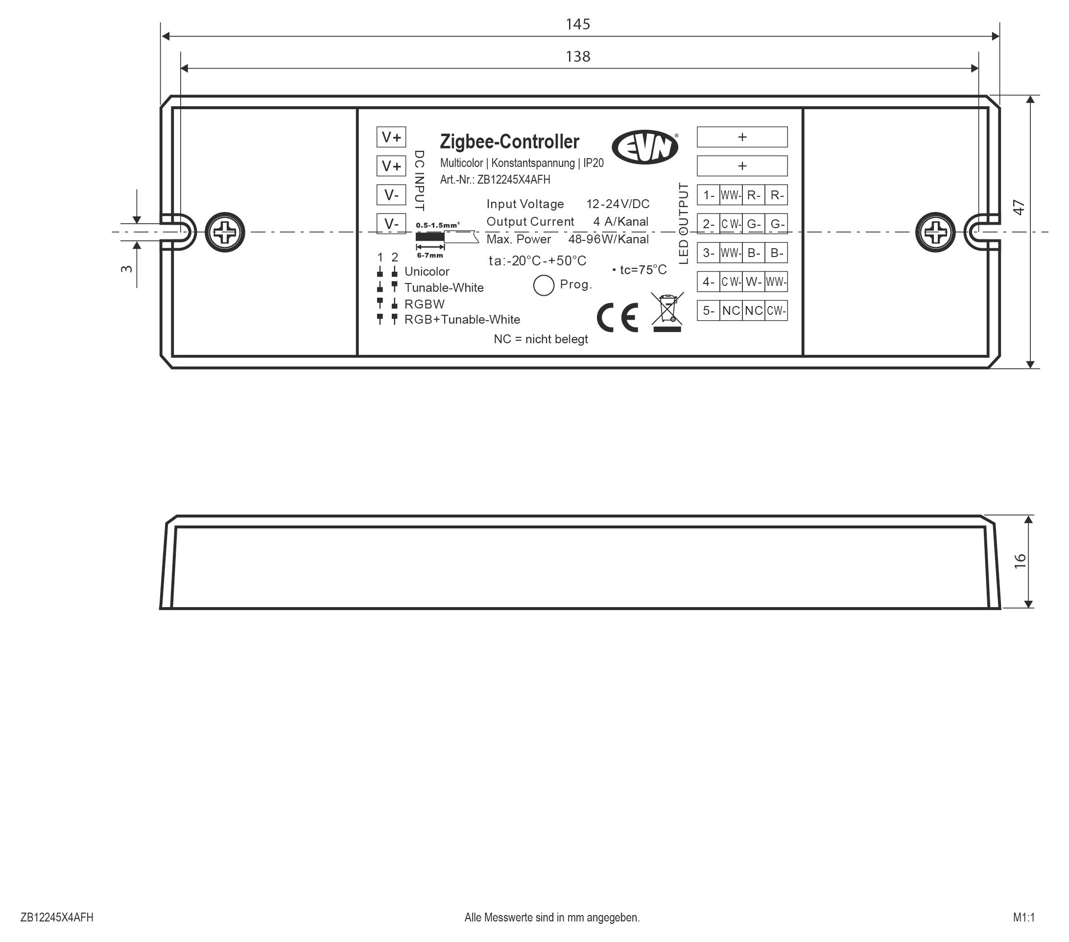Technische Zeichnung eines Zigbee-Controller-Moduls mit Draufsicht und Seitenansicht, einschließlich Abmessungen und gekennzeichneten Ein-/Ausgabeanschlüssen.