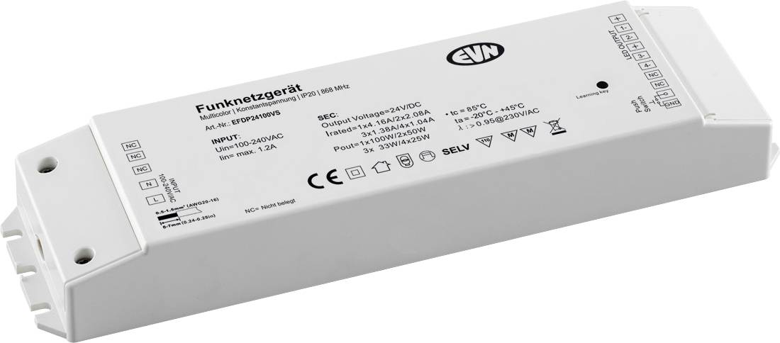 Weißes rechteckiges Funkgerät-Stromversorgung/LED-Treibermodul mit gedruckten Spezifikationen und Zertifizierungssymbolen, dargestellt auf weißem Hintergrund.
