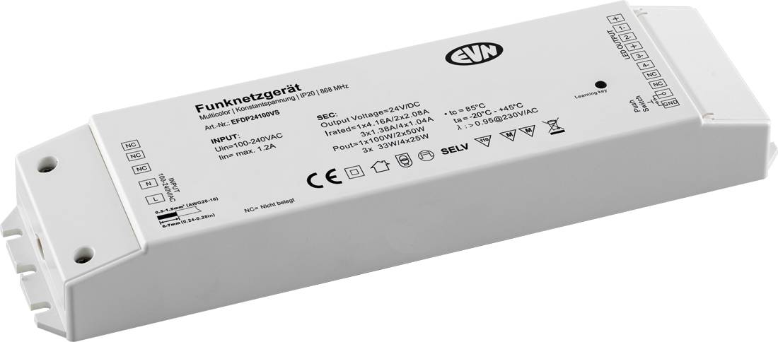 Weißes rechteckiges Funkgeräte-Elektroniksteuermodul mit gedruckten Spezifikationen und Logos auf der Oberseite, perspektivisch auf weißem Hintergrund dargestellt.