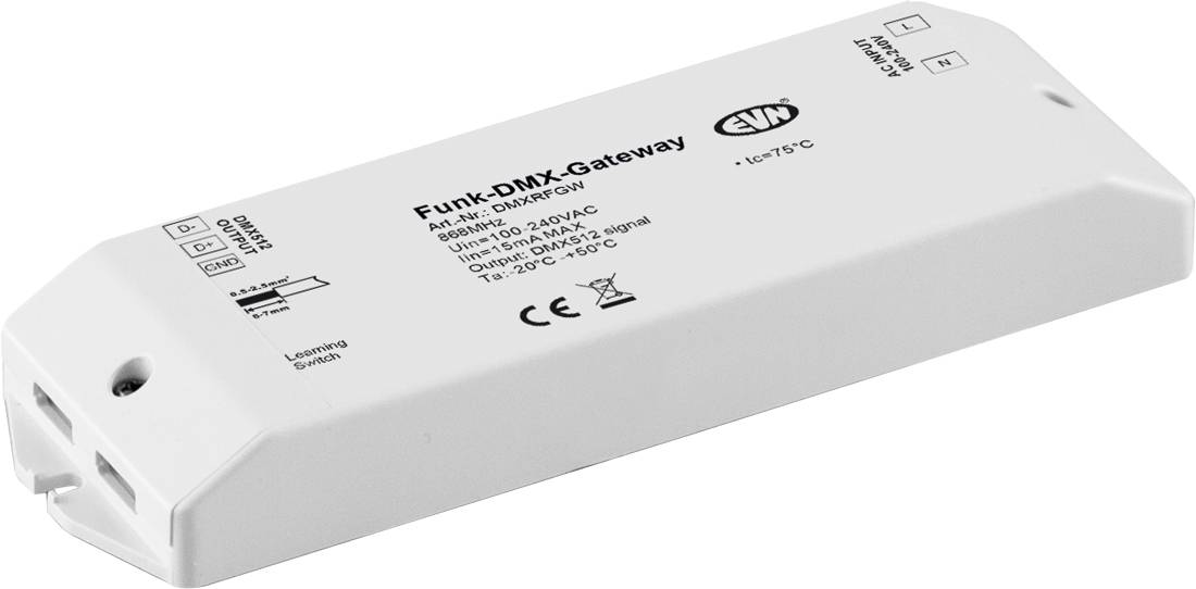 Weißes Funk-DMX-Gateway-Gerät in perspektivischer Darstellung, beschriftet mit Anschlüssen und Konformitätskennzeichnungen, ein DMX-Gateway-/Controller-Modul.