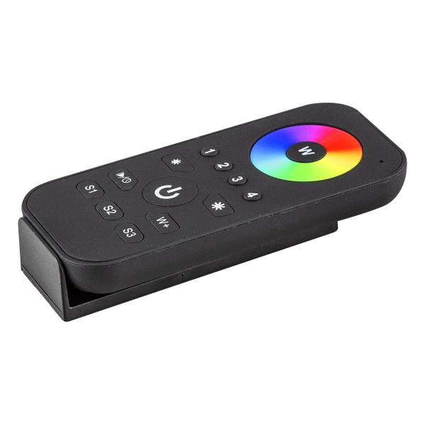 Schwarze Fernbedienung mit großem buntem Kreis zur Farbwahl und mehreren Tasten zur Steuerung von Lichteinstellungen.