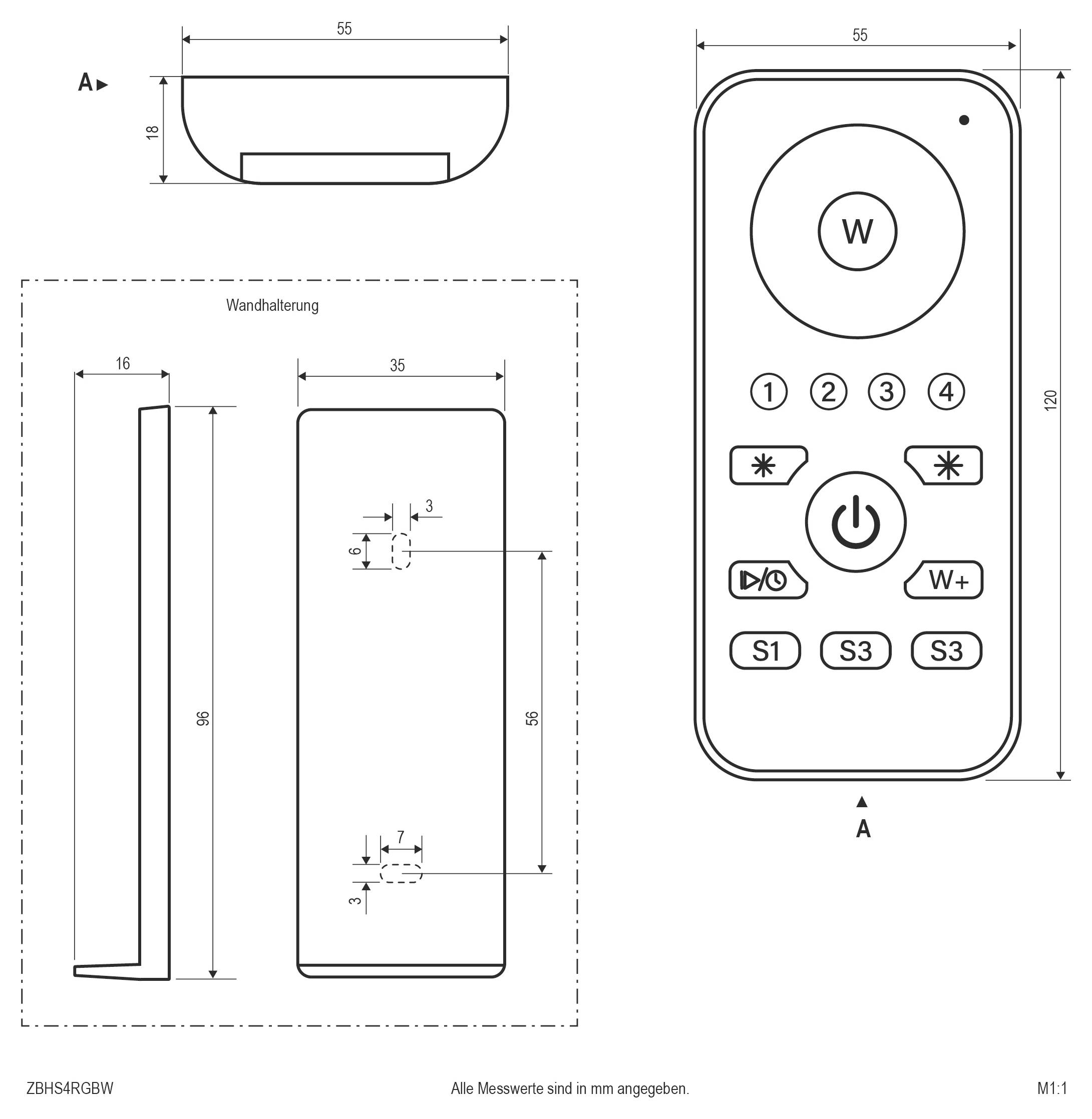 Technische Linienzeichnung einer Fernbedienung und Wandhalterung mit Vorder-, Seitenansicht und Montagemaßen in Millimetern.