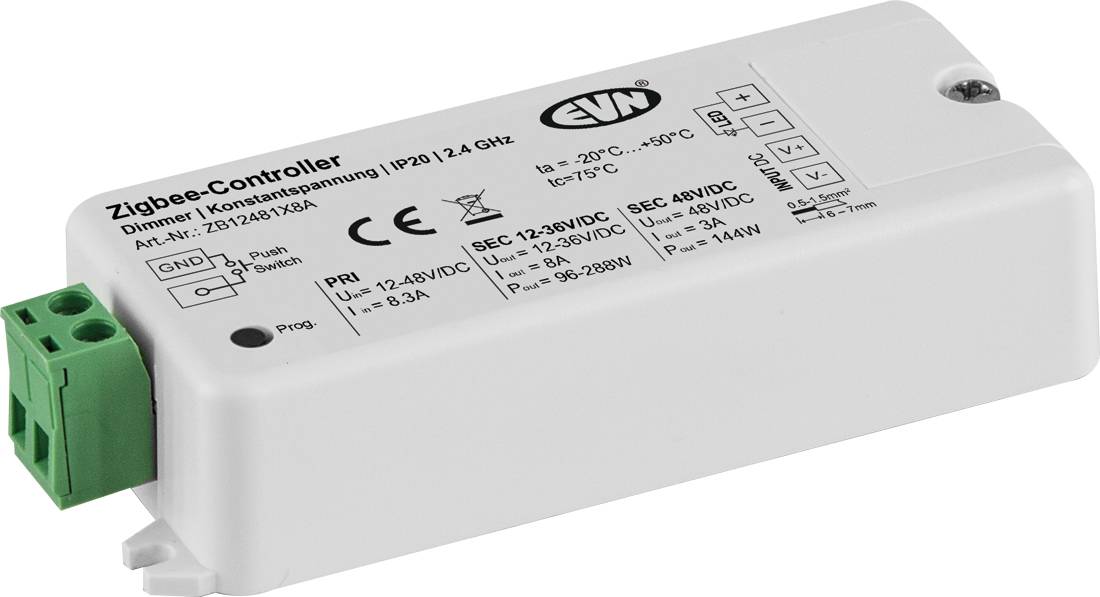 Weißes ZENI-Dimmerkontrollermodul mit grünem Anschlussblock, gekennzeichnet mit 12-24VDC/4x8A, zur Steuerung von RGBW-/LED-Beleuchtung