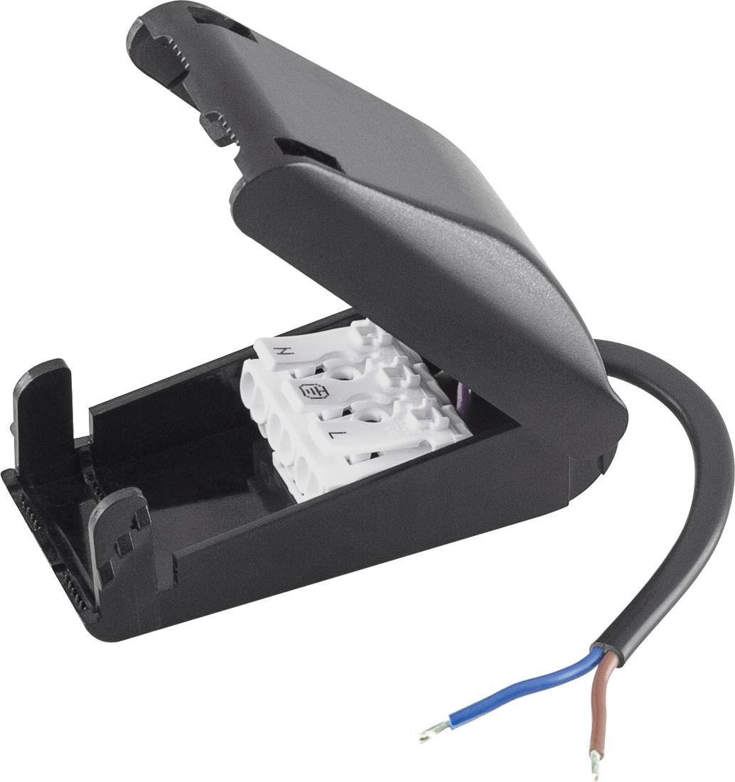 Offene schwarze elektrische Anschlussdose mit Scharnideckel und Klemmenblock, mit einem Kabel mit freigelegten blauen und braunen Drahtenden für Verdrahtungsverbindungen.