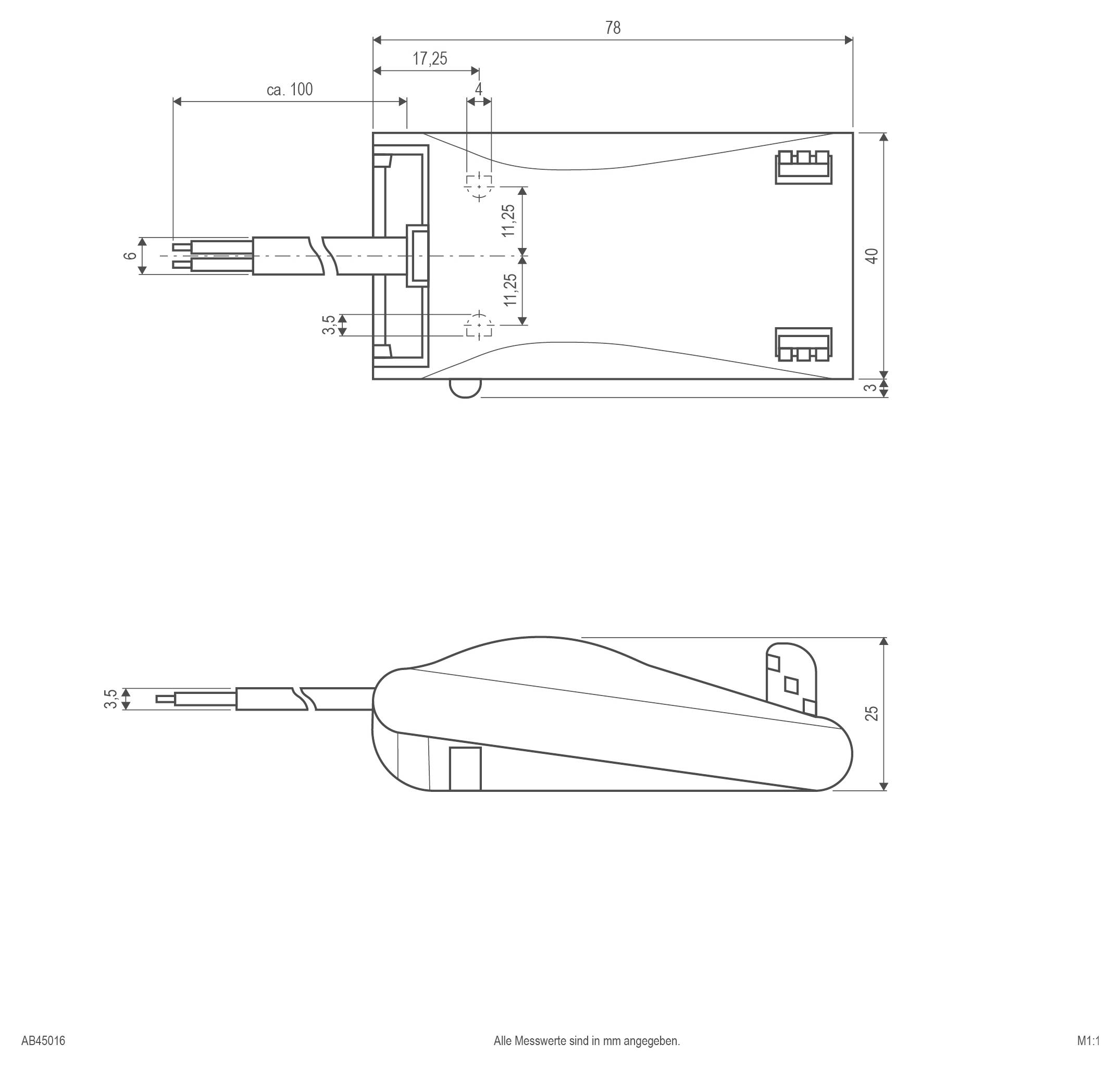 Technische Strichzeichnung eines verkabelten Steckgeräts, das in Draufsicht und Seitenansicht mit Abmessungen in Millimetern dargestellt ist.