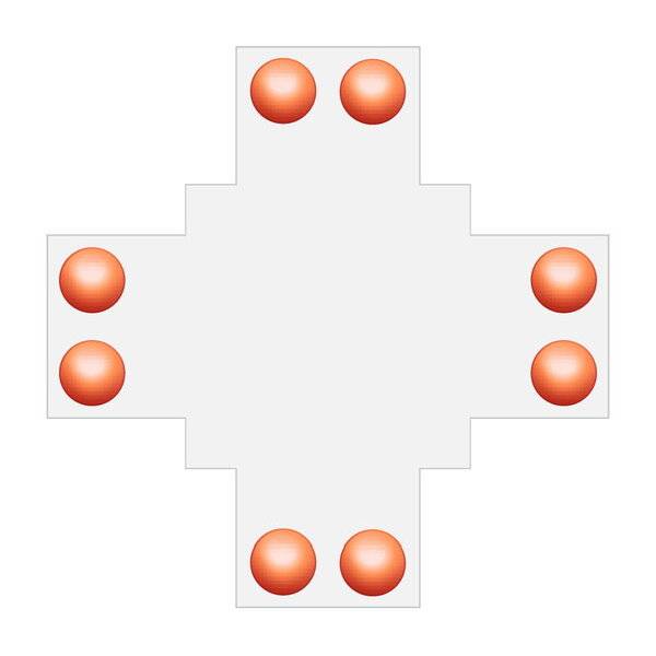 Ein weißes Kreuz mit sechs roten Kugeln an den Enden der Kreuzarme. Symmetrisches Design mit gleichem Abstand zwischen den Kugeln.