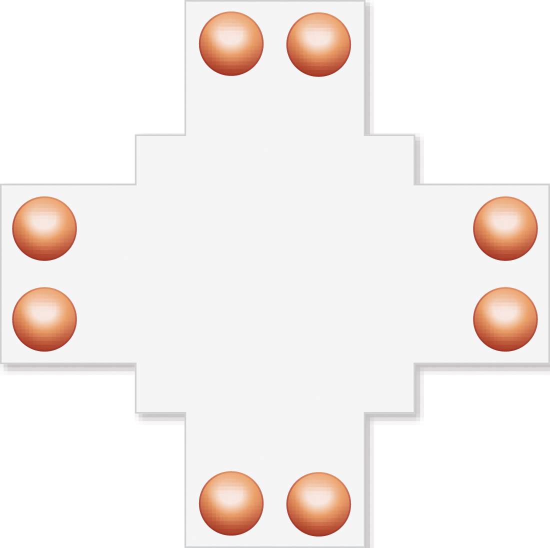 Weißes Kreuzdiagramm mit acht orangefarbigen kreisförmigen Markierungen, zwei auf jedem Arm, auf hellgrauem Hintergrund.