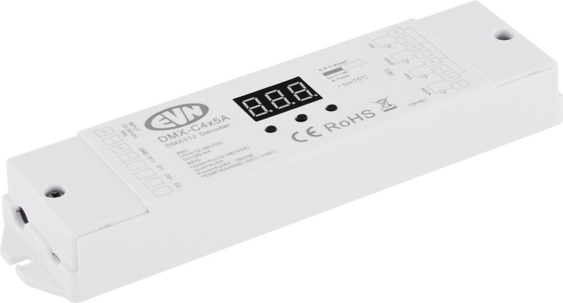 Weißes rechteckiges LED-Treiber-/Controllermodul mit digitaler Anzeige, beschriftet mit „DMX-CM4SA