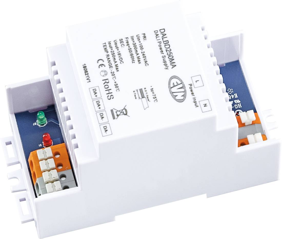 Weiß ausgeführtes DIN-Schienen-Stromversorgungsmodul mit beschrifteten Anschlüssen und Status-LEDs, gezeigt in einer produktstylisierten Nahaufnahme auf weißem Hintergrund.