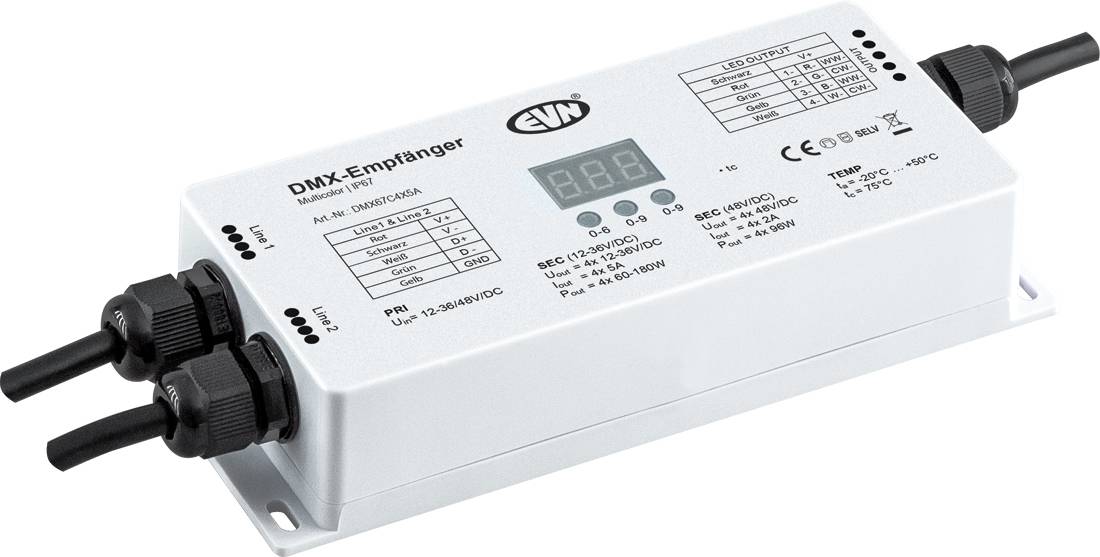 Weiße DMX-Empfänger-/Steuerungsbox mit digitalem Display, gekennzeichnet als „DMX-Empfänger