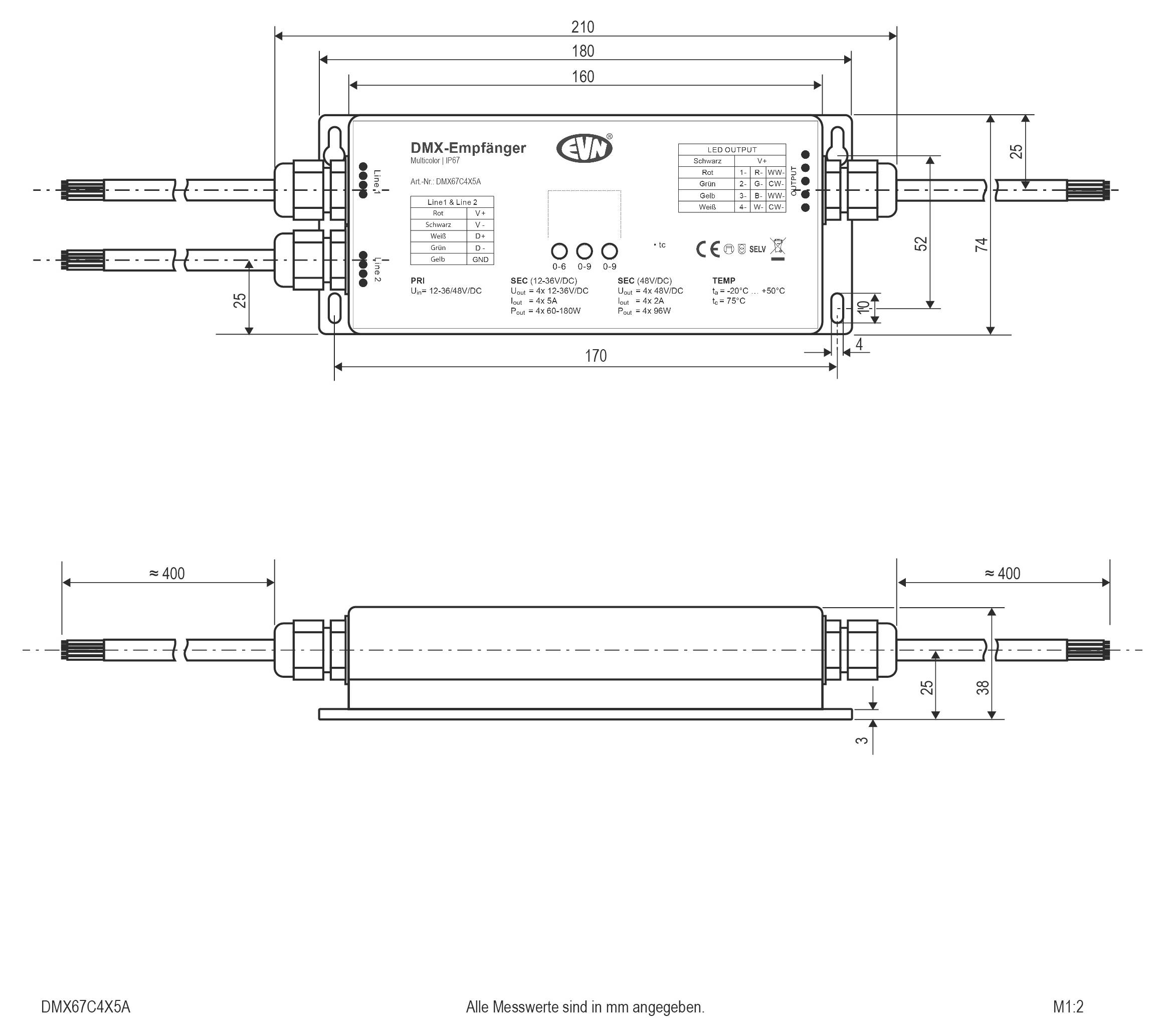 Technische Maßzeichnung eines DMX-Empfängermoduls mit Kabelsteckverbindern, dargestellt in Drauf- und Seitenansicht mit Abmessungen in Millimetern.