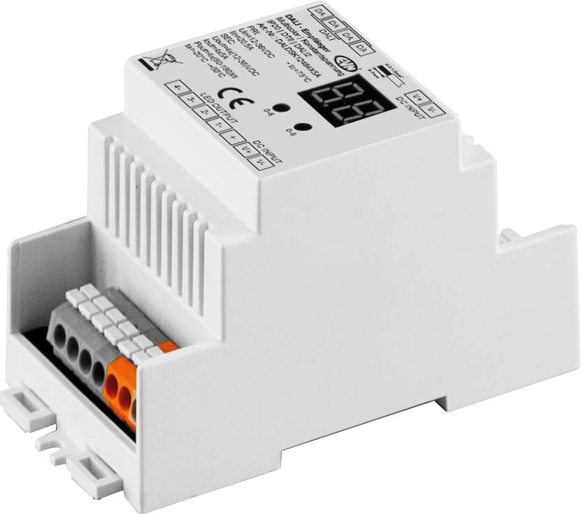 Weißes DIN-Schienen-Elektronik-Zeitrelais-Modul mit digitaler Anzeige und Schraubklemmen für die Industriesteuerung.