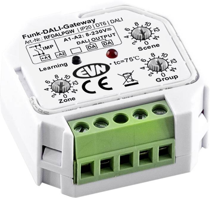 Weißes EVN Funk-DALI-Gateway-Modul mit grünem Klemmblock, beschriftete Drehschalter für Zone, Szene und Gruppe sowie Lern- und Statusindikatoren.