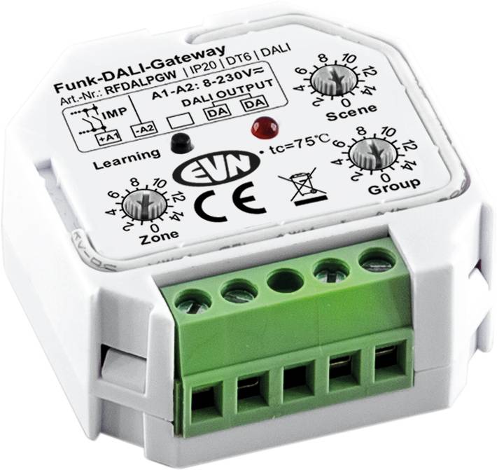 Funk-DALI-Gateway Elektronikmodul mit grünem Klemmblock und Wählschaltern für Szenen-, Gruppen- und Zoneneinstellungen.