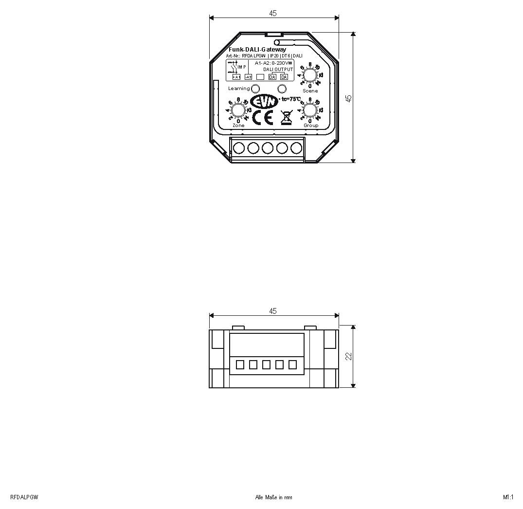 Technische Zeichnung eines Funk-DALI-Gateway-Moduls mit Vorder- und Seitenansichten mit den Abmessungen 45 mm x 45 mm x 22 mm und gekennzeichneten Steuerelementen/Anschlüssen.