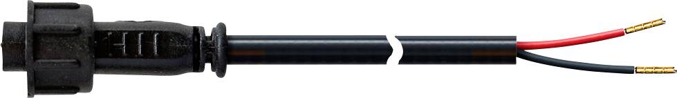 Zweipoliges Stromkabel mit schwarzem Steckergehäuse auf der linken Seite und freiliegenden roten und schwarzen Leitern auf der rechten Seite, jeweils mit abisolierten Enden.