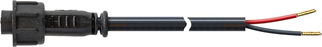 Nahaufnahme eines zweiaderigen Elektrokabels mit einem schwarzen Steckverbinder auf der linken Seite und freigelegten roten und schwarzen Leitern auf der rechten Seite.