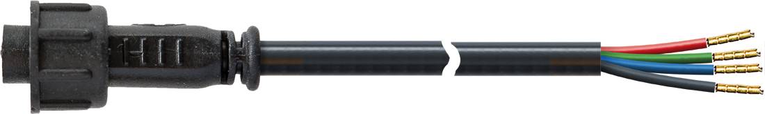 Vier-adriges Kabel mit schwarzem Stecker, das freiliegende Ende mit roten, blauen, grünen und gelben Leitern sowie Metallklemmen zeigt.