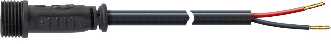 Schwarzes zweiadriges Kabel mit freiliegenden roten und schwarzen Leitern, aufgeschnitten dargestellt, um die interne Verkabelung und das Steckerende zu zeigen.