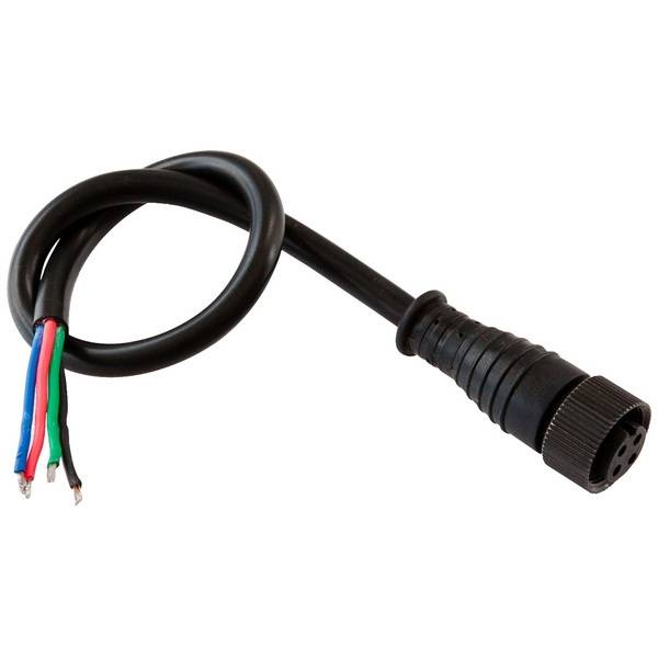Ein schwarzes Kabel mit einem vierpoligen Stecker und offenen Drahtenden in den Farben Rot, Grün, Blau und Schwarz.