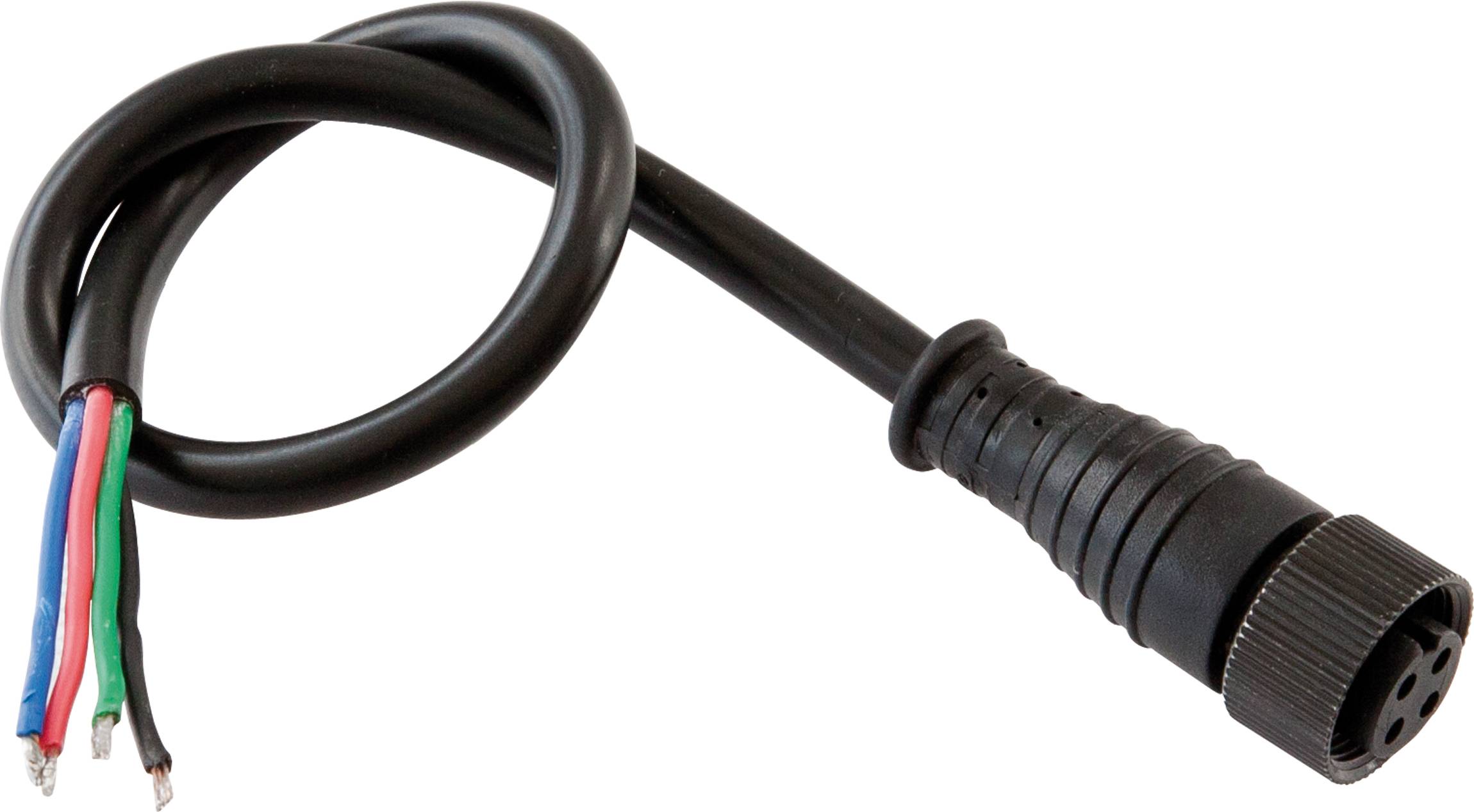 Schwarzes Kabel mit freiliegenden roten, grünen, weißen und blanken Drähten an einem Ende und einem runden Mehrfach-Steckverbinder am anderen Ende.