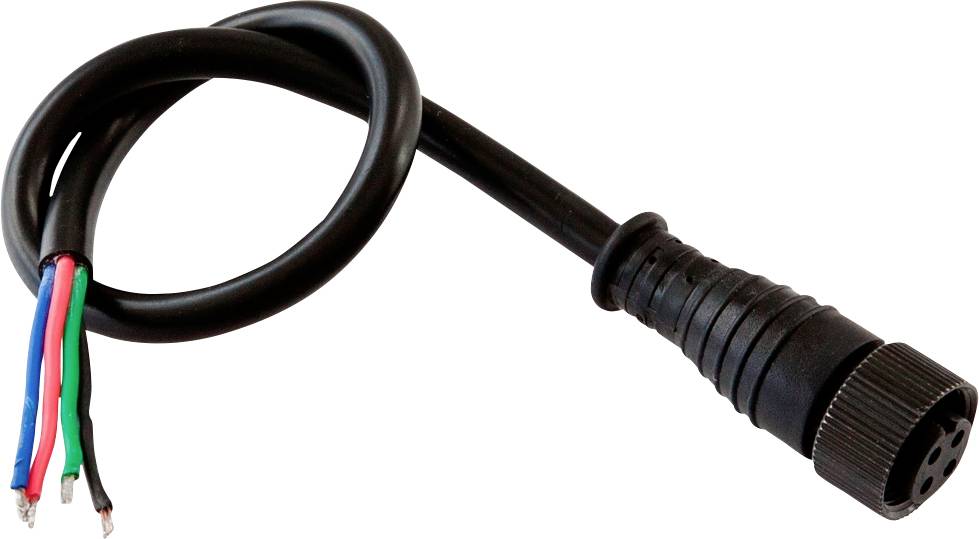Schwarzes Kabel mit vier freigelegten farbigen Drähten an einem Ende und einem gerippten runden Stecker am anderen Ende.