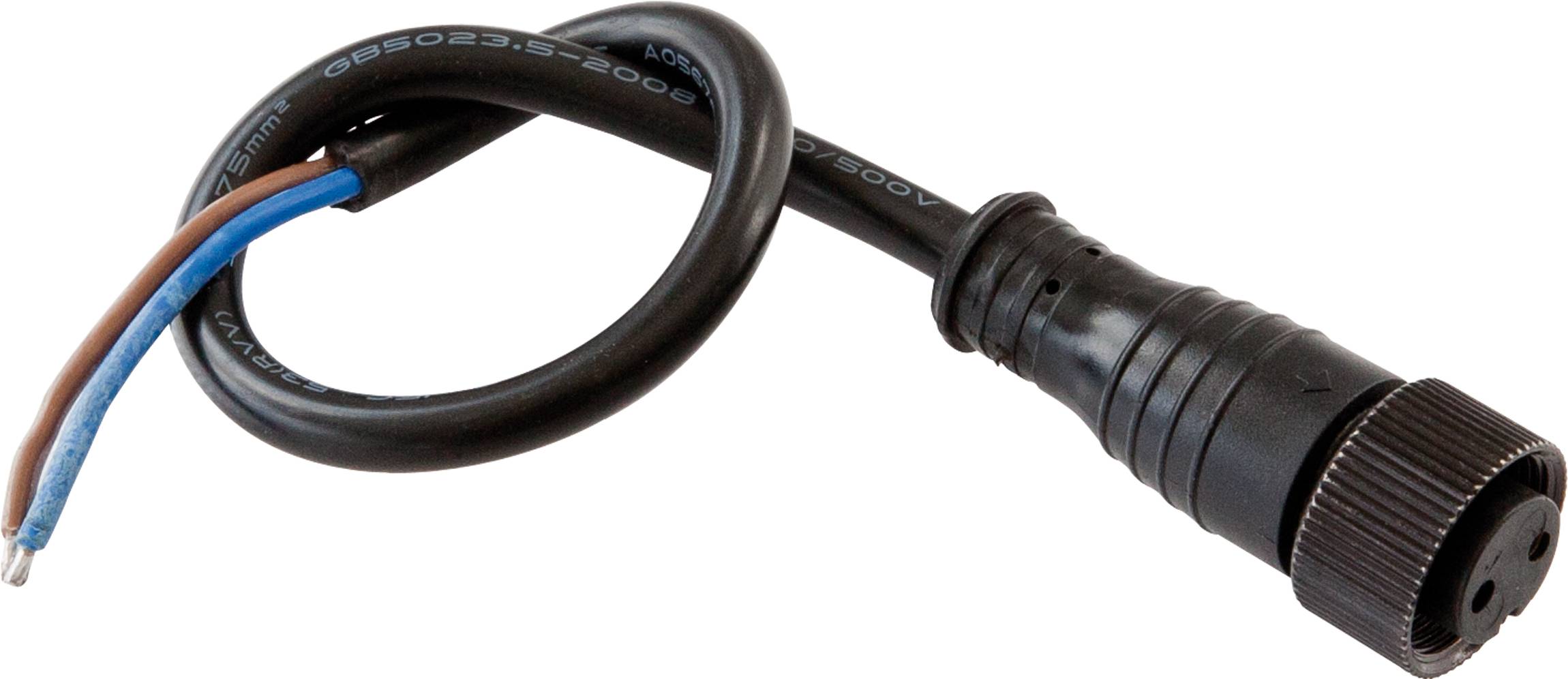 Nahaufnahme eines schwarzen wasserdichten Steckers für Stromkabel mit zwei freigelegten Drähten, der zum Verbinden von Leitungen verwendet wird.