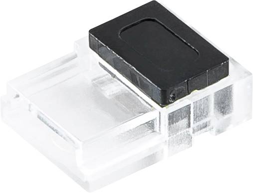 Transparenter Kunststoff-Elektronikstecker mit schwarzer Oberkappe, auf weißem Hintergrund dargestellt.