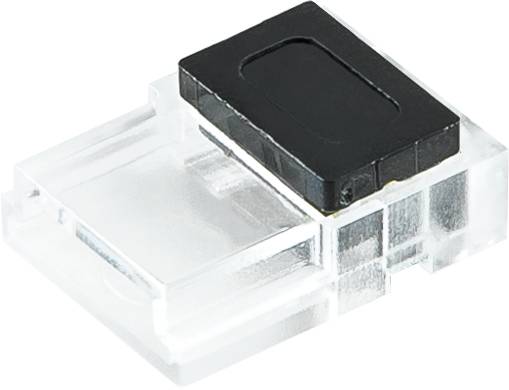 Transparentes Kunststoff-Elektronikverbinder-Gehäuse mit schwarzer rechteckiger Abdeckung oben, isoliert auf weißem Hintergrund dargestellt.