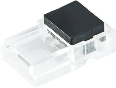 Transparente Kunststoff-Elektrokomponente mit schwarzer Oberkappe, in Nahaufnahme auf weißem Hintergrund dargestellt.
