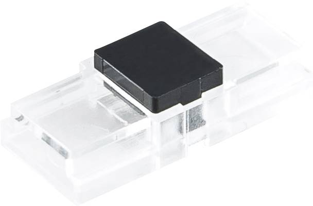 Schwarzer rechteckiger Stecker mit transparentem Kunststoffgehäuse auf weißem Hintergrund.