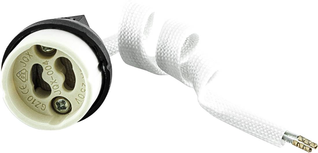 Weiße elektrische Lampenfassung/Lampensockel mit angebrachtem geflochtenen Kabel und freiliegendem Steckerendeauf weißem Hintergrund.
