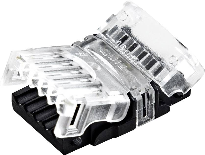 Nahaufnahme eines transparenten Ethernet-Steckers (RJ45) mit schwarzer Basis auf weißem Hintergrund.