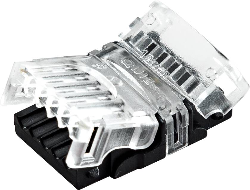 Nahaufnahme eines transparenten Kunststoff-Ethernet-Kabelsteckers mit schwarzer Basis, dargestellt auf weißem Hintergrund.