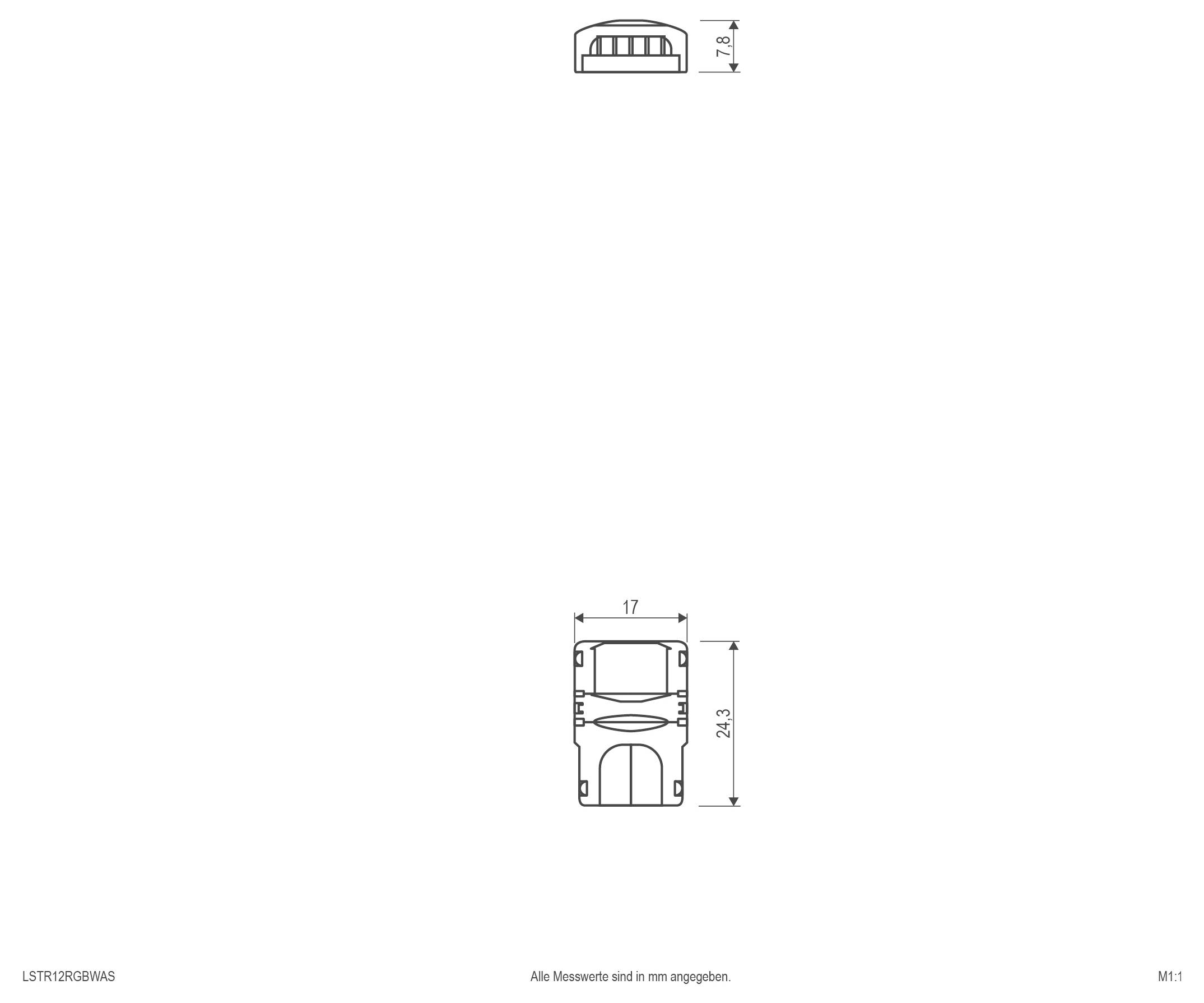 Technische Zeichnung eines kleinen rechteckigen Geräts mit Maßstabbezeichnungen, die Draufsicht und Vorderansicht sowie Abmessungen von 17 mm Breite und 24,3 mm Höhe zeigt.